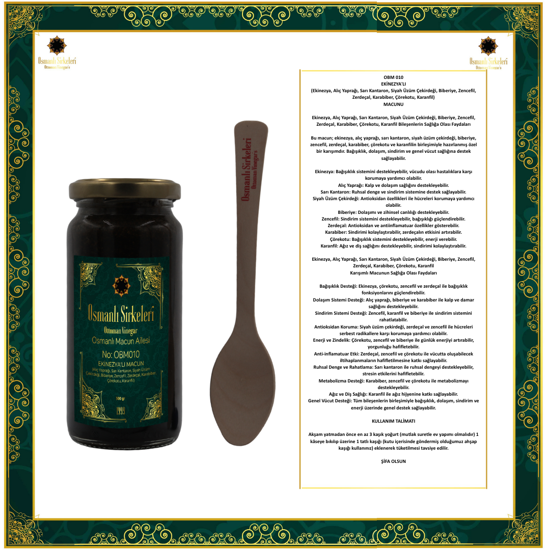 OBM 010 EKİNEZYA'LI (Alıç Yaprağı, Sarı Kantaron, Siyah Üzüm Çekirdeği, Biberiye, Zencefil, Zerdeçal, Karabiber, Çörekotu, Karanfil) MACUNU