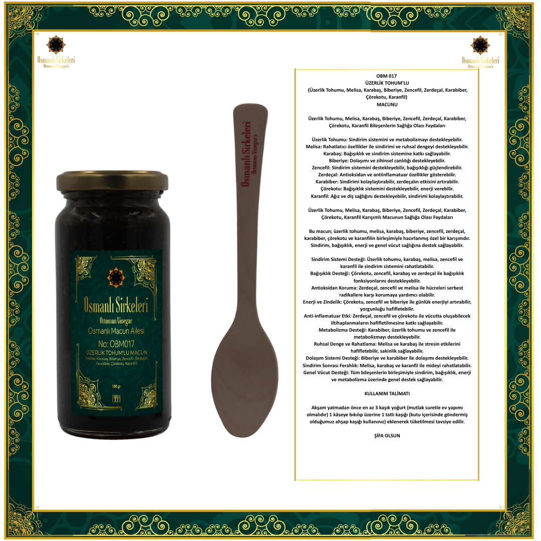 OBM 017 ÜZERLİK TOHUM'LU (Melisa, Karabaş, Biberiye, Zencefil, Zerdeçal, Karabiber, Çörekotu, Karanfil) MACUNU