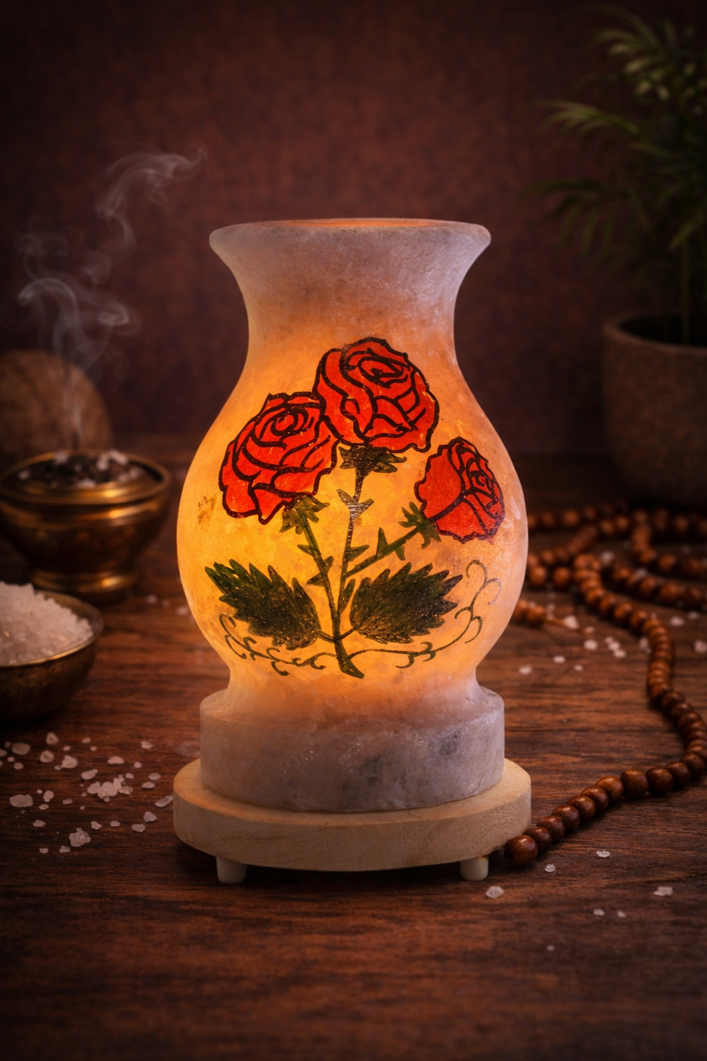 NTL053 EL ÇİZİMİ KIRMIZI GÜLLÜ VAZO KAYA TUZ LAMBA 4 KG