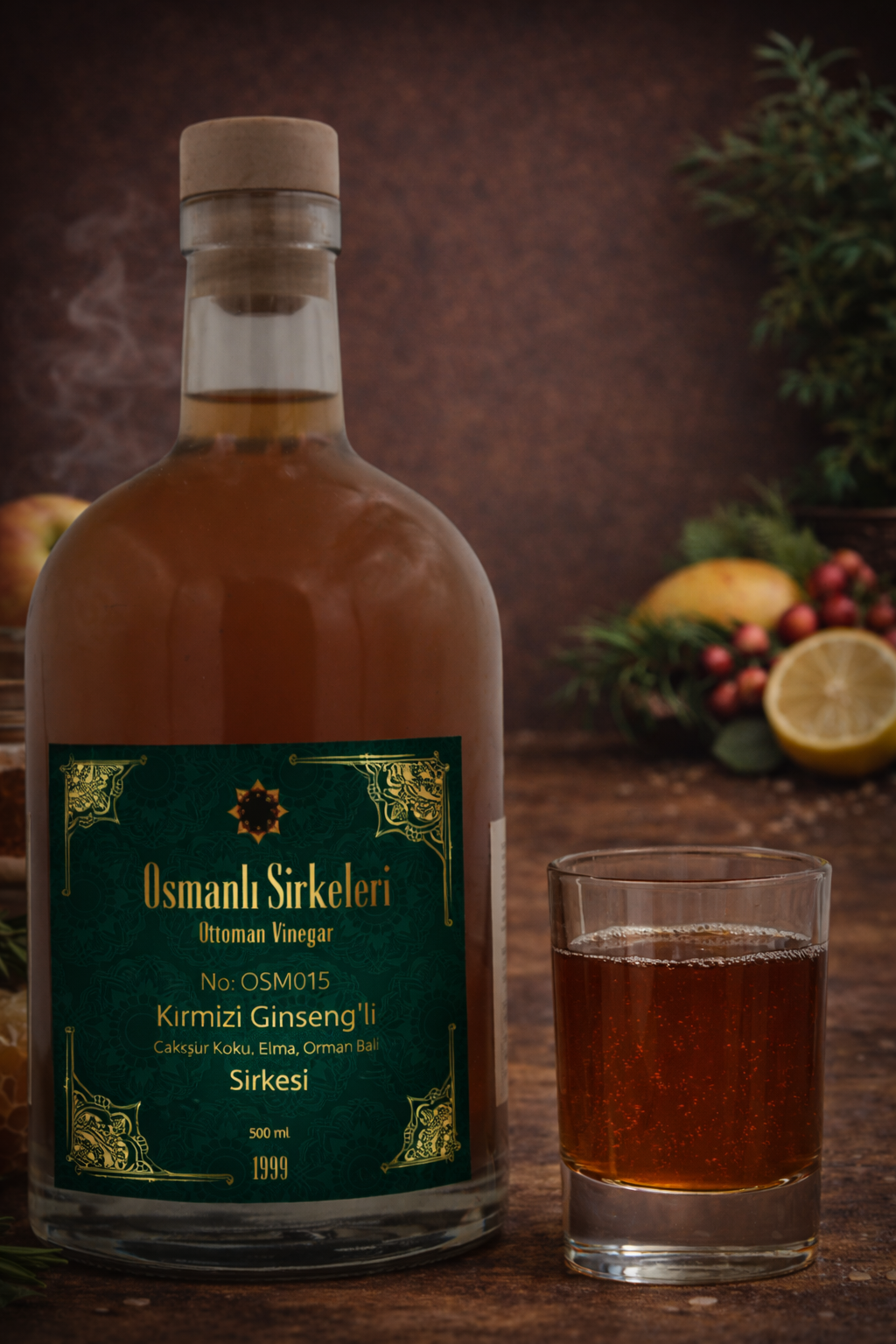 OSM 015  KIRMIZI GİNSENG  (Kırmızı Ginseng, Çakşır Kökü, Elma, Orman Balı)  SİRKESİ